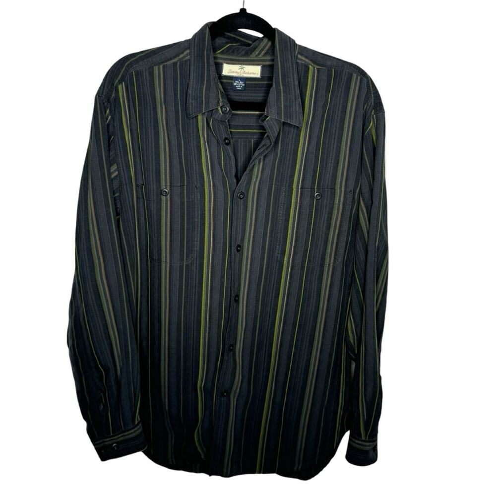 TOMMY BAHAMA / gray green striped silk blend long sleeve button up shirt / L